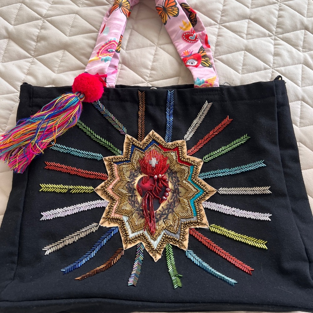 Embroidered Black Tote Bag with Multicolor Starburst